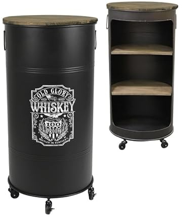 Meublorama Bar bidon Ouvert avec roulettes Style Industriel Collection Old Glory. Diamètre 50cm, Hauteur 100cm
