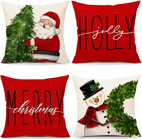VITEVER Rote Weihnachtsmann Schneemann Weihnachten Kissenbezüge 4er Set, 45x45cm Winter Zierkissenbezug Couch Wohnzimmer Deko