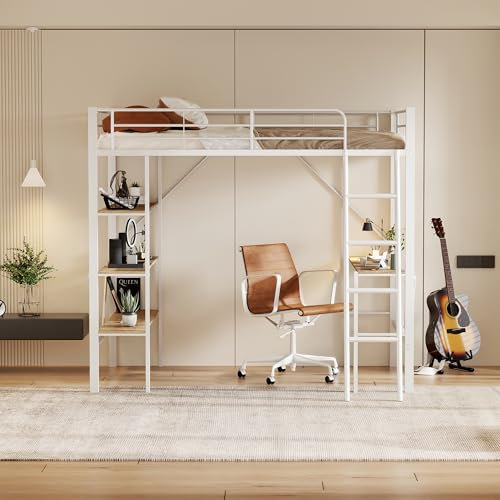 Moimhear Letto in metallo, 90 x 200 cm, letto a soppalco con scrivania e tre ripiani grandi, per bambini, ragazzi e adulti, colore: bianco