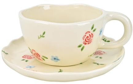 Koythin Tasse à café en céramique avec soucoupes, fleurs faites à la main, jolie tasse pour fille et femme, tasse esthétique avec poignée, pour latte, cacao, bureau, maison (fleur bleu rose)