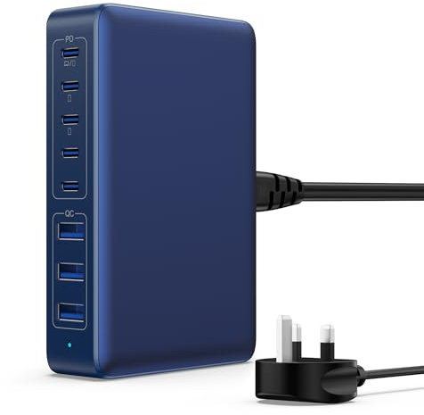 USB C Charger 300W USB C Charger Block Charging Station,(GaN IV) 8-Ports Fast Charging Hub,Upgraded PD 100W USB C Laptop Desktop Charger Adapter Compatible with MacBook,DELL,iPhone 16/15,Android-Blue