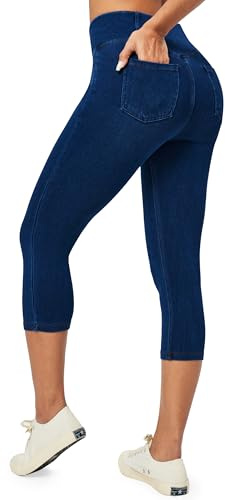 Heathyoga Capri Jeans for Women Stretchy Pull On Jeggings for Women Denim Jean Capris Pants Capri Leggings with Pockets Dark Blue