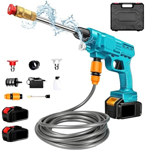 Limpiador de alta presión inalámbrico, 21 V, con batería y manguera de 5 m, control de presión inteligente, para coches, ventanas, césped, jardines, piscinas (2 baterías)