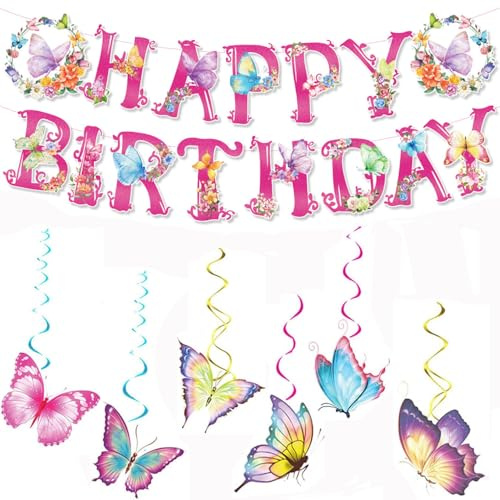 Geburtstagsdeko Schmetterling,6 Stück Schmetterling Hängende Wirbel und 1 Stück Happy Birthday Girlande Schmetterling Deko Schmetterlinge Deko für Frühling Sommer Party,Hochzeit