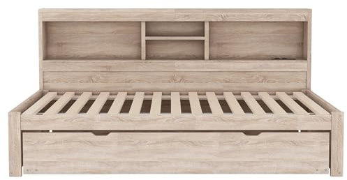 Idemon Schlafsofa, Schlafcouch, 90 * 200cm, mit Ambientelicht, Nachttischablage, Ausziehbett, Steckdose + USB, ohne Matratze,Natur