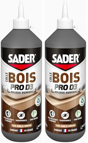 Sader Colle Vinylique D3 - Assemblage et Placage du Bois - Menuiseries Intérieures et Extérieurs Abrités - Bois Humide - Transparente - Biberon 750 g (Lot de 2)