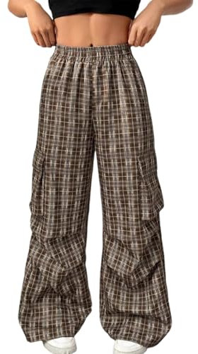 Vhersily Pantalon long pour femme à carreaux, style rétro, taille haute, avec jambe large, pour le loisirs, le fitness, l'étirement, la maison vintage à carreaux droit, pantalon Y2k Streetwear Baggy