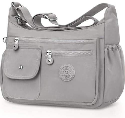 BTNEEU Umhängetasche Damen Groß Nylon Crossbody Bag Wasserdicht Gross Handtasche mit Vielen Fächern Leicht Schultertasche Mittelgroß Verstellbarer Messenger Bag für Einkaufen Reisen Schule (Grau-weiß)