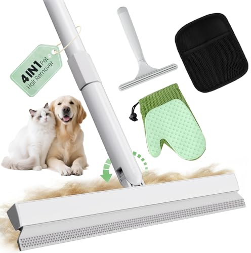 Carpet Rake for Pet Hair Removal Tool - 4 in 1 Pet Hair Remover Kit for Dog Cat Fur Remover, Contain 60 Adjustable Rubber Broom, Glove, Magic Brush and Scraper for Furniture,Short Pile Carpets, Mats