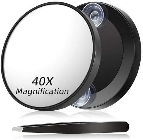 IGXX 40-facher Vergrößerungsspiegel mit 2 Saugnäpfen, kompakter Reisespiegel für präzises Make-up und Augenbrauenzupfen, 8,8 cm großer Taschenspiegel mit Pinzette, schwarz