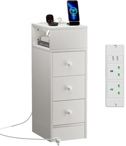 Saitedudu Slim Bedside Table 25x30x70cm with Charging Station 2 USB,Side End Tables with 3 Drawers 2 USB Ports