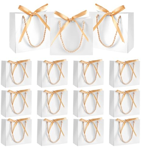 12 Stück Kleine Geschenktüte mit Schleife, 14 × 6 × 12 cm Mini Hochzeit Geschenktasche, White-Gold Geschenktaschen mit Henkel, Gift Bags für Hochzeit Geburtstag, Festivalfeier, Party, Weihnachten