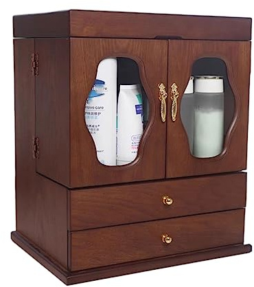 Kosmetik-Organizer Make-up-Organizer aus Holz mit Schubladen, großer Schmuck- und Kosmetik-Make-up-Organizer staubdichtem Deckel Spiegel, for Schlafzimmer, Theke, Kommode