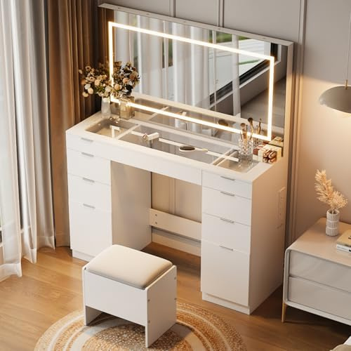 Warmiehomy Dressing Table with Large LED Adjustable Brightness Mirror and Stool Vanity Table with 9 Drawers Storage, Adhesive Hair Dryer Rack and Built-In USB Outlet White Makeup Desk(117x40x142cm)
