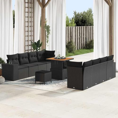 QJBSAVVA 11-teiliges Garten-Sofa-Set Schwarz Poly-Rattan Sitzgruppe für 10 Personen mit Tisch, Robustes Outdoor-Möbel-Set für Balkon, Terrasse und Garten
