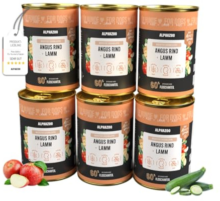 alphazoo Nassfutter Hund mit Angus Rind + Lamm 6×400g – getreidefreies Nassfutter Hund mit hochwertigem Protein, Omega-3-Fettsäuren & natürlichen Zutaten – Premium Hundefutter - Made in Germany