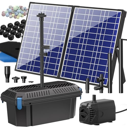 Billing 30W 1200l/h Teichfilter Solar Teichpumpe für Außen Teiche bis 2000L | 4 Düsen Solar Springbrunnen für Außen Gartenteich Fischteich Wasserspiel Fröschen Zierfischteiche, 5m Kabel, Durchflussregler