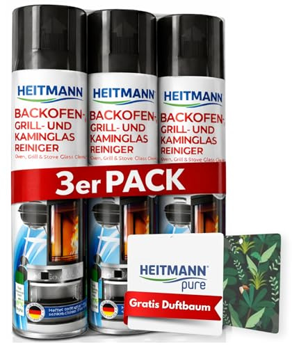 HEITMANN Backofen-, Grill- und Kaminglas Reiniger | Kraftvolle Reinigung für hartnäckige Verschmutzungen | Effektiv gegen Fett, Eingebranntes & Ruß | 3 x 400 ml + GRATIS Duftbaum