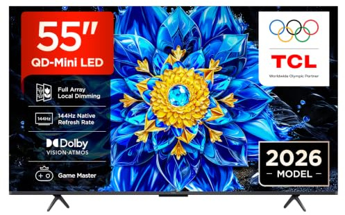 TCL 55P8L-UK 55 Inch QD-Mini LED Dimming 4K HDR Ultra HD TV, Smart Google TV (Dolby Vision, HDR10+ & Atmos, 144Hz VRR, FreeSync Premium, Game Master, Voice Control, 2026 New Model)