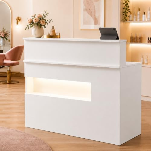 PREMTURE Mostrador de Recepción Blanco 120cm con LED – Caja Registradora con 2 Cajones con Llave, Puerta y Capacidad 45kg – Mostrador para Tienda, Salón, Café, 120×100×50cm