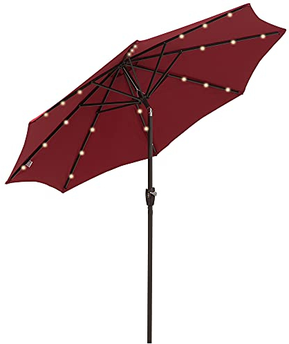 Outsunny Φ2.7m Garden Parasol Umbrella with 24 Solar LED Lights, Tilt, Red