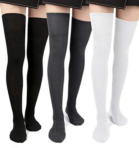 Moon Wood Women's 3 Pairs Black/White/Grey Thigh High Socks Extra Long Over The Knee Cotton Knit Socks Thick Warmer Soft Tall Long Boot Stockings Leg Warmers