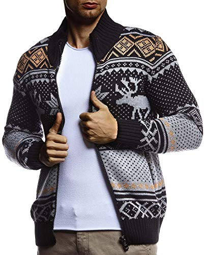 Leif Nelson Herren Strickjacke Stehkragen Norwegerjacke Schwarze Winterjacke Freizeitjacke Männer Jacke für Weihnachten Winter Norweger Muster Übergangsjacke Slim Fit LN20759 L Anthrazit