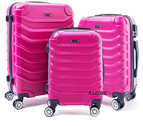 R.Leone Valigia Set 3 Trolley Rigido grande, medio e bagaglio a mano 8 ruote in ABS 2026 (Fucsia, Set 3 S M L)