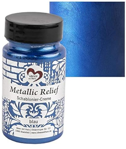 Ideen mit Herz Schablonier-Creme Metallic Relief | feine Strukturpaste | Schablonierfarbe | Schablonierpaste | 90 ml | auf Wasserbasis (blau)