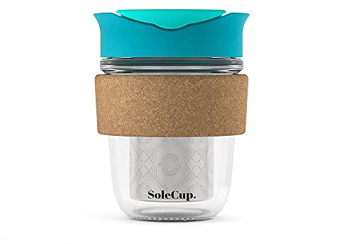 SoleCup. Travel Mug Loose Tea Infuser - Detachable Tea Strainer with Spillproof Lid - BPA-Free Reusable Glass Travel Coffee Cup with Cork Band (Blue)