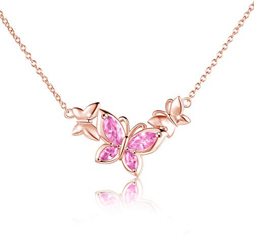 WINNICACA Schmetterling Rosa Kristall Halskette Sterling Silber Oktober Geburtsstein Schmuck Roségold Anhänger Geschenke für Frauen Muttertag Geburtstag