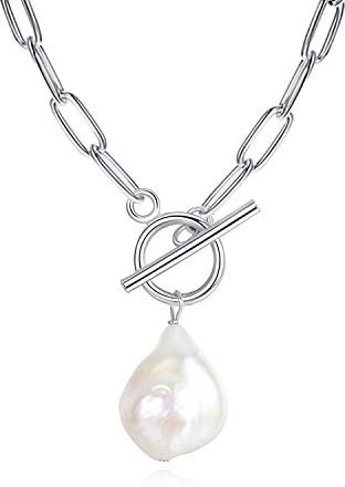 FINELOVE White Gold Paperclip Chain Necklace - Baroque Pendant Necklace with OT Clasp, Personalized Link Chain Necklace for Women Jewelry Gifts