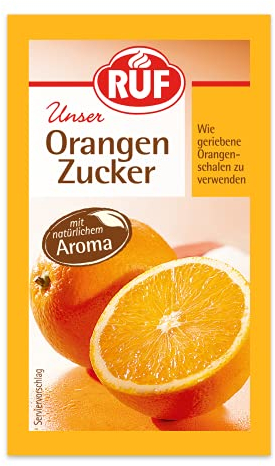RUF Orangen-Zucker, aromatisierter Zucker mit natürlichem Orangen-Aroma, wie geriebene Orangenschalen zu verwenden, glutenfrei, vegan, 3 x 10g