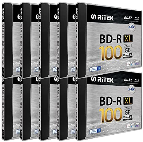 10 Pack Ritek BD-R XL BDXL 100GB Triple Layers 4X White Inkjet Hub Printable Blank Disc w/Standard Jewel Case, BDR1004-RTKIWN1JC