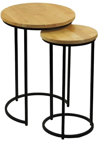 Craft&Style 2er Set Satztische, Runde Massivholz Tischplatte, Robustes schwarzes Gestell aus Stahl - Beistelltische Industrial Style DxH: 37x55cm 27x50cm