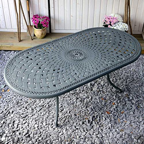 Lazy Susan 208 cm Catherine Gartentisch in Schiefergrau mit 6 Kate Stühlen mit blauen Sitzkissen | Nachhaltiges Sandguss-Aluminium | Wetterfest | Rostfrei | Wartungsarm | 3 Jahre Garantie
