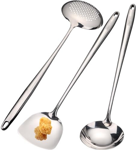 Wok-Spatel und Schöpflöffel-Set, hochglanzpoliert, asiatische Kochutensilien, 18/8 Edelstahl, breiter Schaumlöffel, professionelle Utensilien