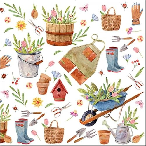 20 Servietten Schubkarre und Pflanzeimer | Blumen | Frühling | Sommer | Tischdeko 33x33cm