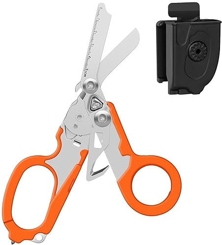 Raptor Erste-Hilfe-Schere, All-in-One taktische Schere, Taschenschere & Feuerwehr-Werkzeug-Set, Glasbrecher in Tuff-Cut-Schere mit Utility Holster (Orange)