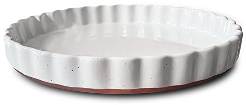 Mora Ceramic Tart Pan, 9.5 Inch Large Porcelain Baking Dish for Tarts, Quiche, Pie, Flan etc. Fluted Ruffled Edge, Oven, Microwave, Freezer, and Dishwasher safe - Great Gift For Bakers - Vanilla White