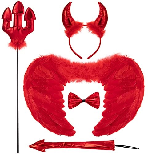 5PCS Red Devil Wings Devil Horns and Fork Tail Devil Costume Feather Demon Wings Devil Dress Up Cosplay Halloween Costumes for Adult Kids