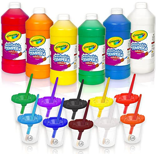 Kids Painting Set, Washable Paint for Kids with Painting Cups, Tempera Paint Set with Toddler Paintbrushes, Classroom Paints 16 oz Ea. Toddler Bulk Paints Supplies, Gifting Bundle