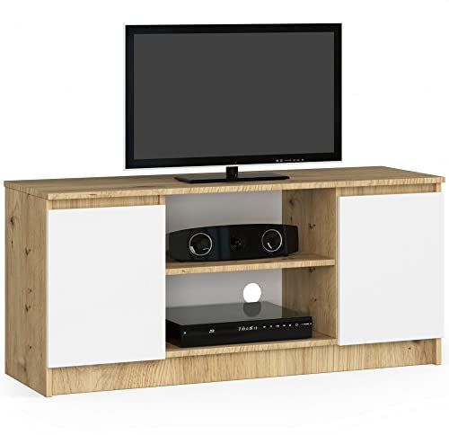 AKORD | Mobile per TV in Legno K 120 | Mobiletto Porta Televisione Soggiorno | un ripiano aperto | 2 Ripiani con Ante a Sinistra e a Destra | 55 x 120 x 40 cm | Peso 30kg | Rovere Artigianale | Bianco