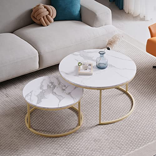 EGOONM 2er Set Satztische Fürs Wohnzimmer, Kaffeetische,Wohnzimmertische - Wohnzimmertisch Rund, MDF (Weiß + Gold), 80 * 80 * 45 cm (groß) + 60 * 60 * 35 cm (klein)