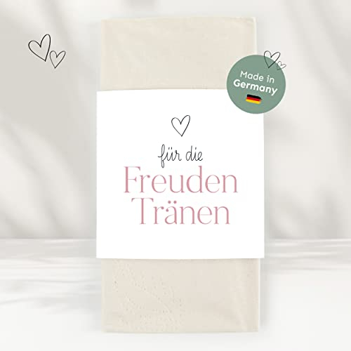 50 Freudentränen Taschentücher Banderolen inkl. Klebepunkte für deine Hochzeit | Herz rosa - Premium Tränentaschentücher Banderolen Set für Hochzeit, Kirche, Feier, Taufe, Geburtstag