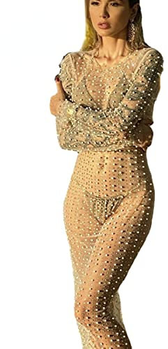 Sexy mujer malla transparente perla strass cubrir vestido Fairycore manga larga rejilla playa traje de baño Festival traje (Color : Naked color, Size : L)