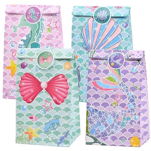 Volumoon Geschenktüten, 12 Stück Kraftpapiertüten mit 18 Aufkleber, Cartoon Ozean Papier Tüten, Meerjungfrau Süssigkeiten Beutel zum Verpacken Geschenken, Kindergeburtstag, Hochzeit, Party, Feiern