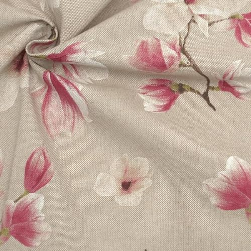 STOFFKONTOR Dekostoff Halbpanama Leinen Optik Magnolien - Öko-Tex Standard 100 - Meterware, Farbe Natur - zum Nähen von Tischwäsche, Kissen, Vorhängen, Dekoartikeln uvm.