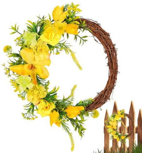 Spring Flowers Wreaths - Aesthetical Yellow Roses Realistic Spring Wreath,Wall Art Supplies for Front Door, Entrance, Fireplaces, Windows, Walls, Farmhouse Demaxiyad