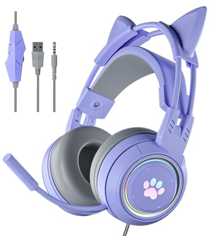 Xmenha Cat Ear Headphones Purple Gaming Headset with Mic for Switch Xbox One PS4 PS5, Cute Girl Kids Wired Headphones Light up Kawaii Kitty Noise Cancelling Headphones for Gamer PC Laptop